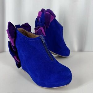 Jeffrey Campbell Royal Blue Suede Leather Ankle Boots Sz 7 Back Bow Detail EUC